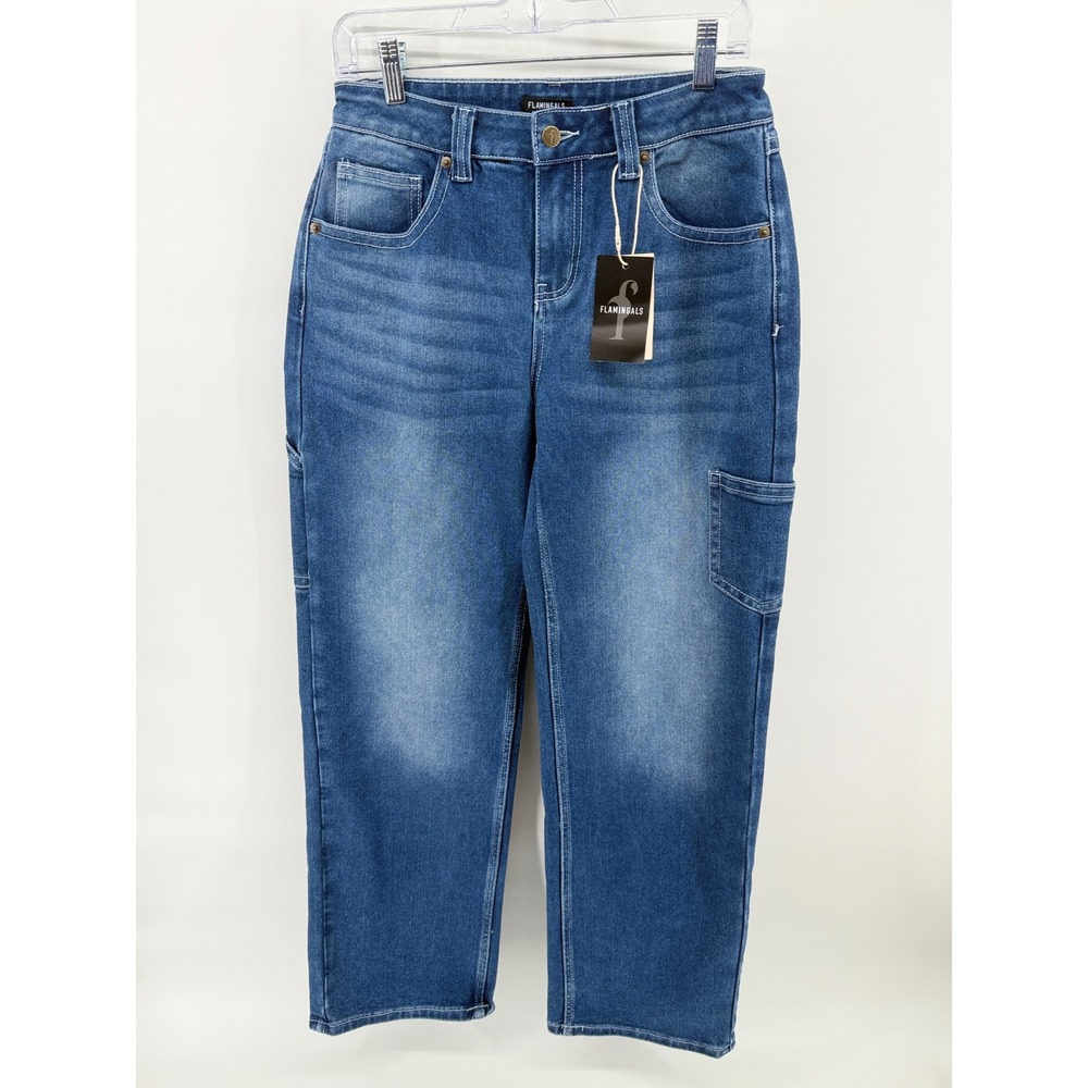 Flamingals Womens High Rise Carpenter Straight Leg Jeans Blue Denim NWT